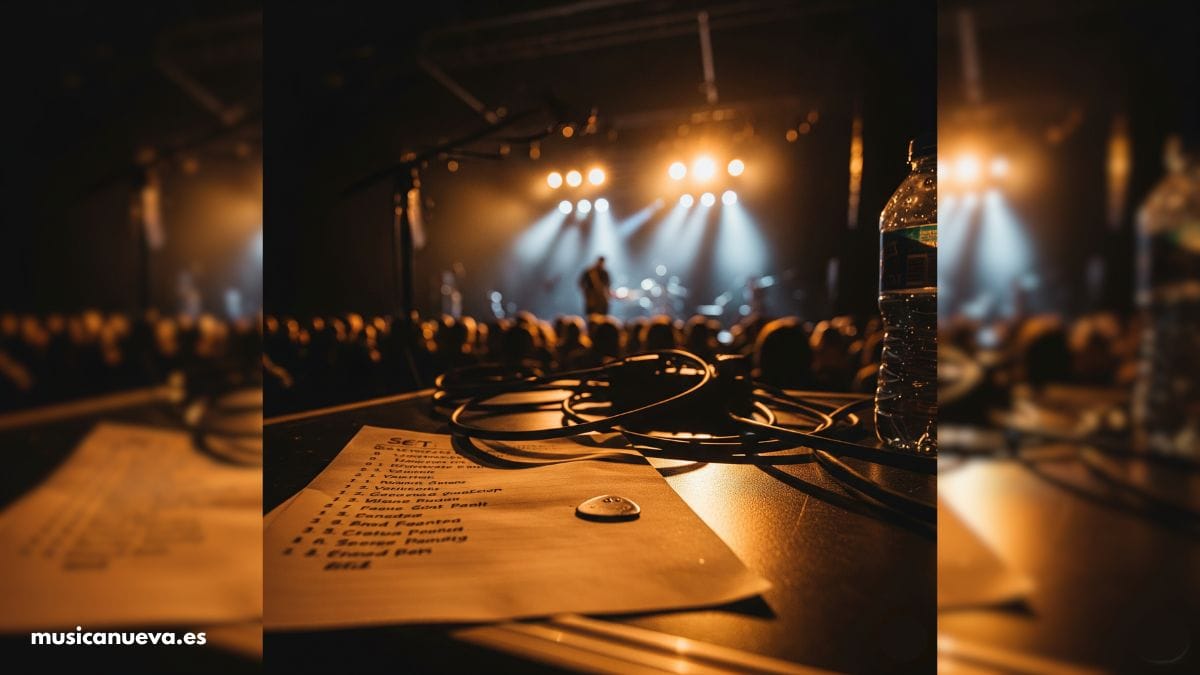 Frecuencia Radar 20-06-2025 Un setlist escrito a mano y una púa de guitarra sobre una mesa en el backstage de un concierto.