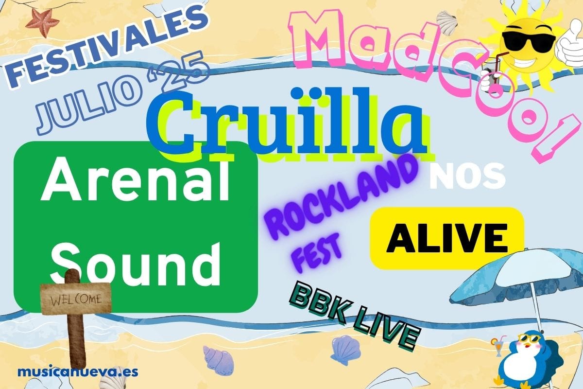 Guía de Festivales en España y Portugal Julio 2025 Guía de festivales de julio 2025 en España y Portugal. Imagen con un collage de los nombres de Arenal Sound, Cruïlla, Mad Cool, BBK Live, Rockland Fest y NOS Alive sobre una ilustración de una playa.