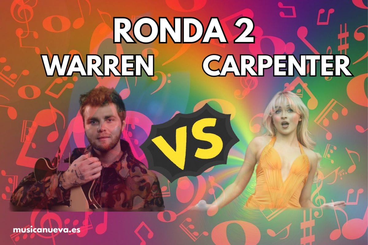 Montaje gráfico de Alex Warren y Sabrina Carpenter enfrentados por el número 1 en la lista de éxitos, con el texto Ronda 2.