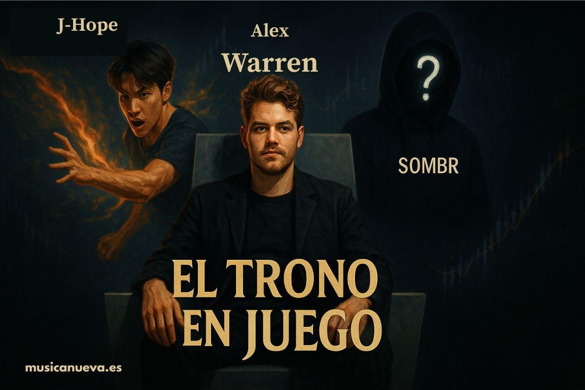 La batalla por el número 1 global-Alex Warren- J-Hope y el misterioso sombr Póster cinemático de la lista de éxitos global con Alex Warren en un trono, desafiado por el artista J-Hope y una silueta misteriosa que representa a sombr.