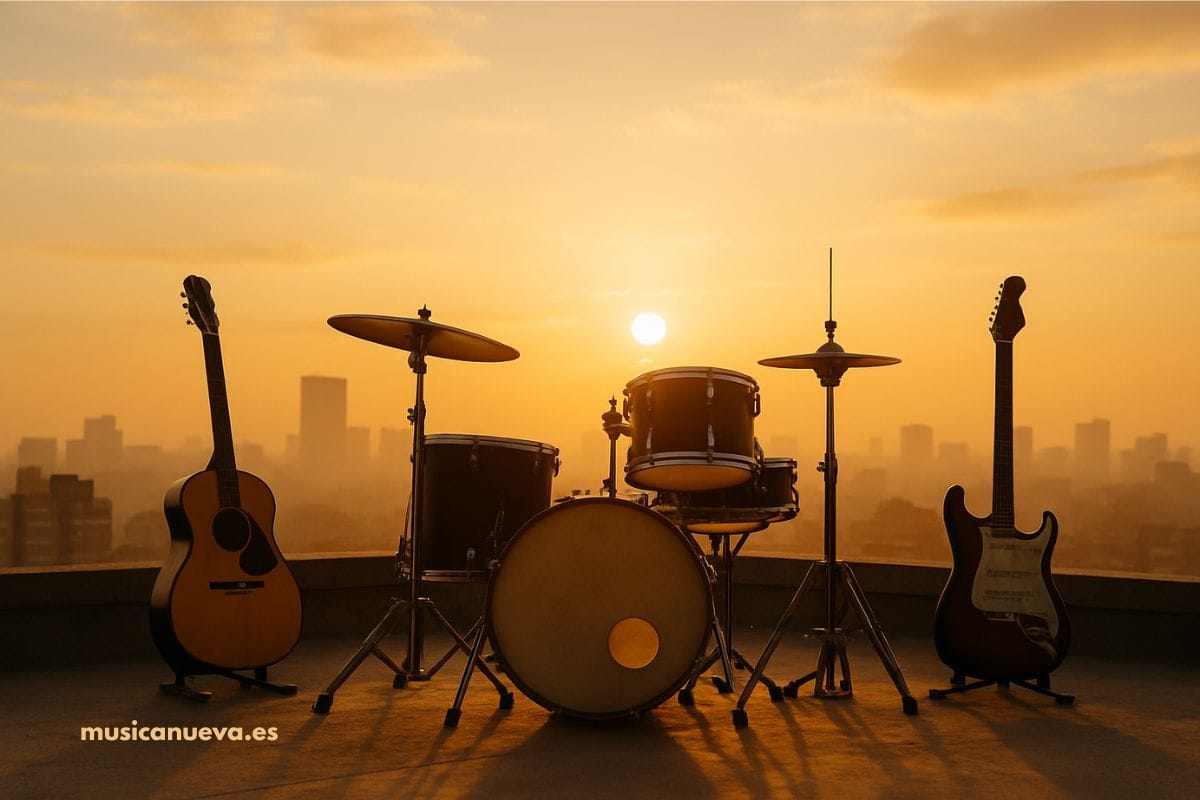 Descubre La Azotea, banda de rock de Madrid Representación de batería y guitarras de la banda La Azotea en una azotea con vistas a Madrid durante la puesta de sol. Descubre a estos jóvenes rockeros!