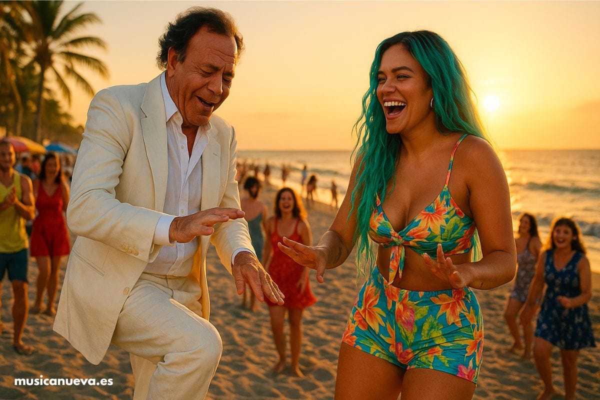 El crossover viral del verano 2025 – Julio Iglesias y Karol G bailando juntos en la playa Imagen de Julio Iglesias y Karol G bailando y riendo animadamente en una playa concurrida durante el atardecer.
