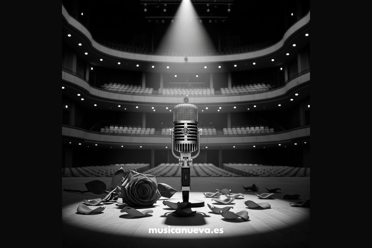 Hasta siempre, Ozzy Osbourne Imagen de un escenario con un micro vintage y una rosa negra como despedida a Ozzy Osbourne, El Príncipe de las Tinieblas.