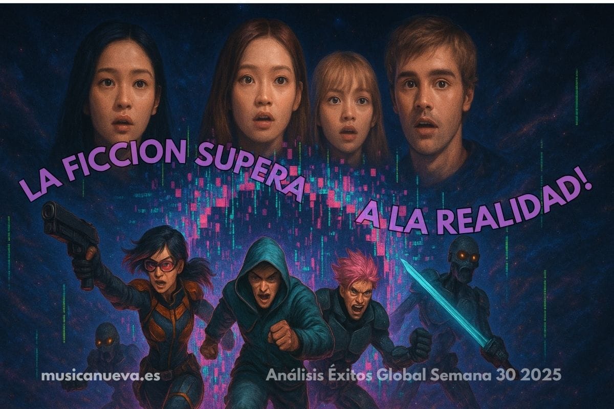 LA FICCION SUPERA A LA REALIDAD Póster conceptual 'La Ficción Supera a la Realidad' que muestra las caras de sorpresa de artistas reales en la parte superior y a los personajes de animación de K-Pop Demon Hunters en acción en la parte inferior, representando su éxito en las listas musicales.