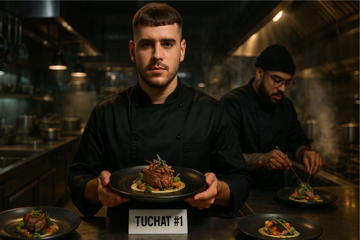 La Cocina de los Hits- Quevedo y Ovy On The Drums cocinando el Top 10 de España Imagen conceptual de Quevedo como un chef de alta cocina presentando su hit 'TUCHAT #1' como un plato, con el productor Ovy On The Drums cocinando al fondo.