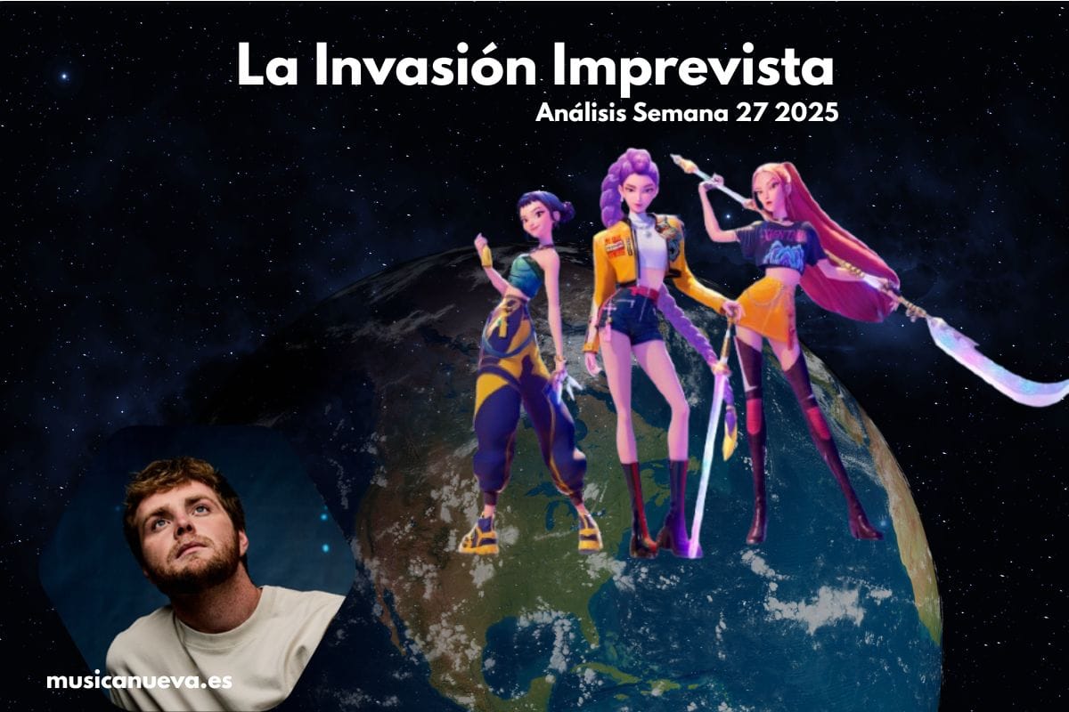 La Invasion Imprevista Póster conceptual 'La Invasión Imprevista' mostrando al grupo de K-Pop animado HUNTR/X rompiendo la imagen para desafiar al cantante Alex Warren