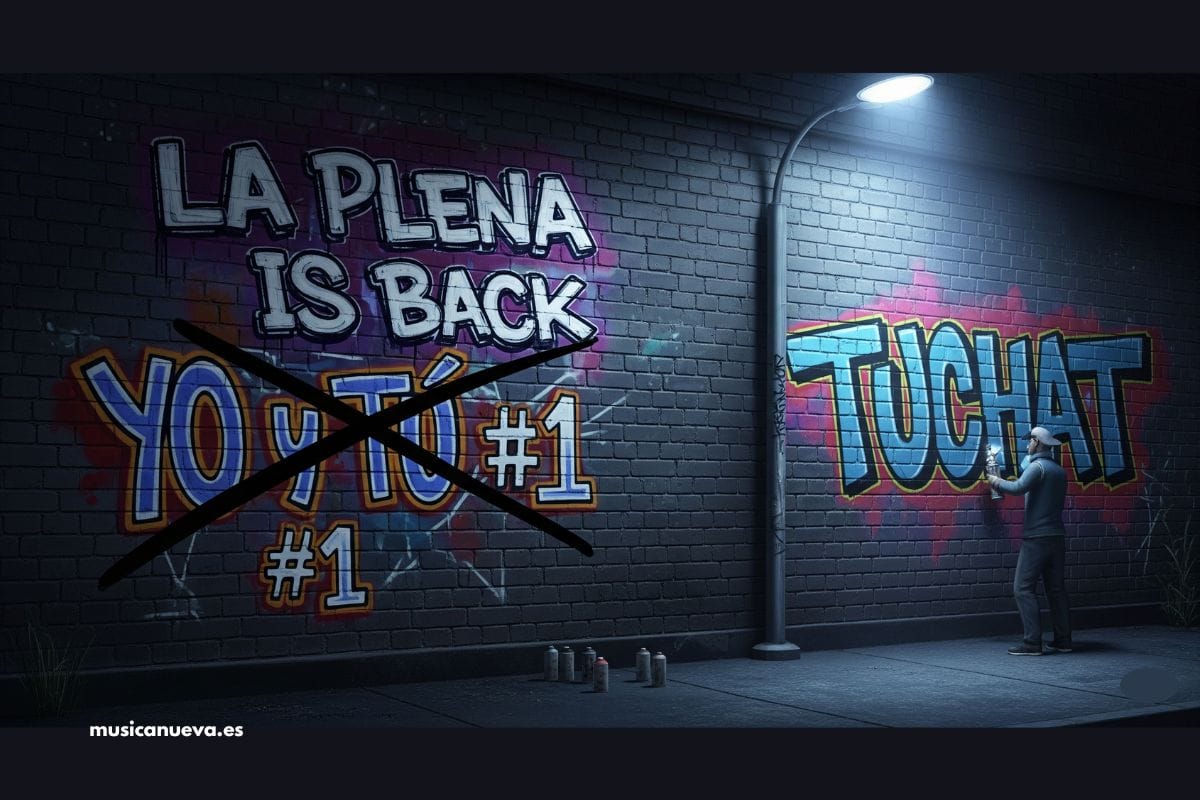 La guerra por el número 1 en España |La venganza de La Plena y el nuevo ataque de Quevedo Mural de graffiti en una pared que representa la lista de éxitos de España. El graffiti 'YO y TÚ #1' está tachado, mientras que uno nuevo dice 'LA PLENA IS BACK'. Al lado, un artista pinta el graffiti 'TUCHAT'.