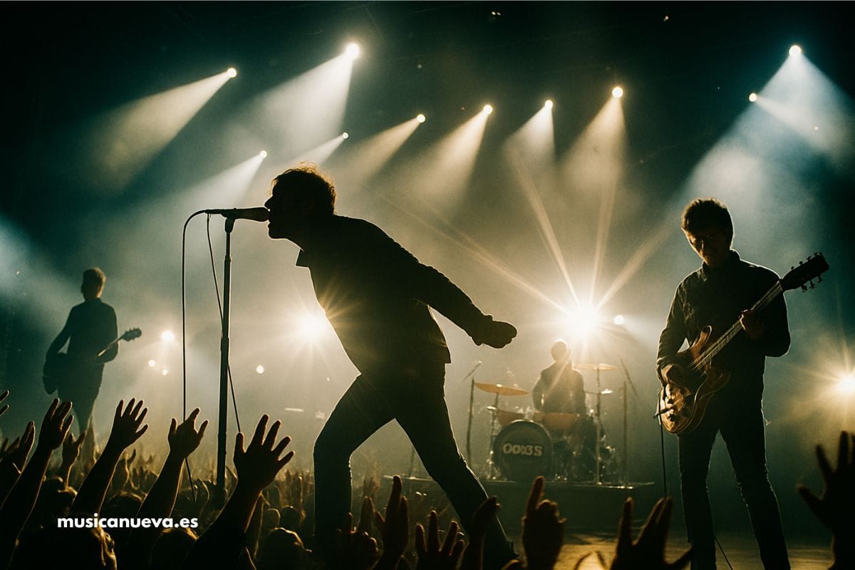 Oasis Cigarettes & Alcohol Representación de Oasis actuando en directo durante su concierto en Manchester, con el cantante en silueta frente a los focos y el público.
