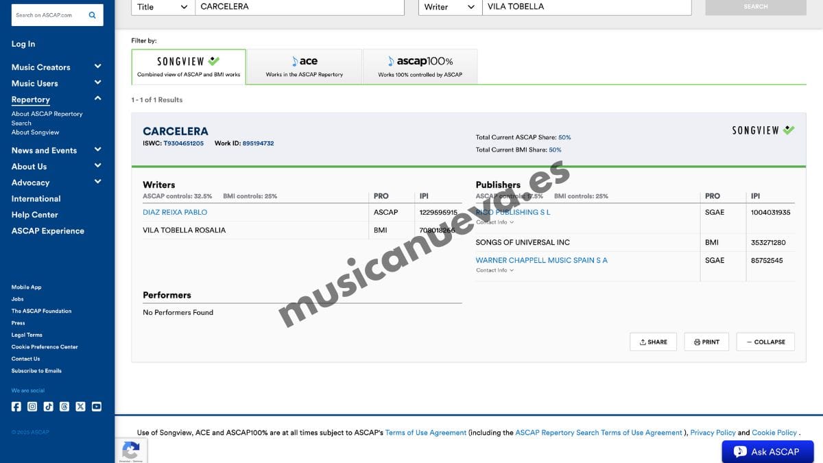 R4 al Descubierto: Se Filtran las Primeras Canciones y el Plan Maestro de Rosalía 1 Registro en ASCAP de la nueva canción de Rosalía "Carcelera" junto con El Guincho