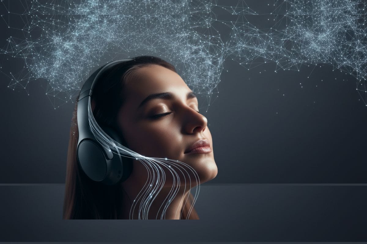 Mujer escuchando música con auriculares, con una red de nodos de luz representando conexiones neuronales sobre su cabeza, simbolizando la reorganización cerebral por el sonido.