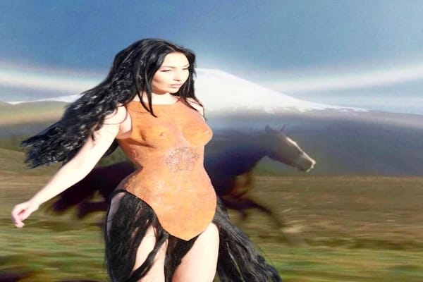 HANIMAMI: Fake Prada - Reescrito la realidad desde la diáspora 2 HANIMAMI con corsé de segunda piel y flecos, posando en un paisaje de montaña con un caballo de fondo, promocionando Fake Prada.