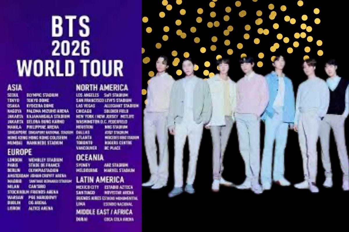 Composición con los miembros de BTS y el cartel oficial de fechas del World Tour 2026 incluyendo España y Latinoamérica