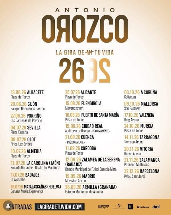 Listado oficial de fechas y ciudades conciertos Antonio Orozco Gira de Tu Vida 2026 España y Europa