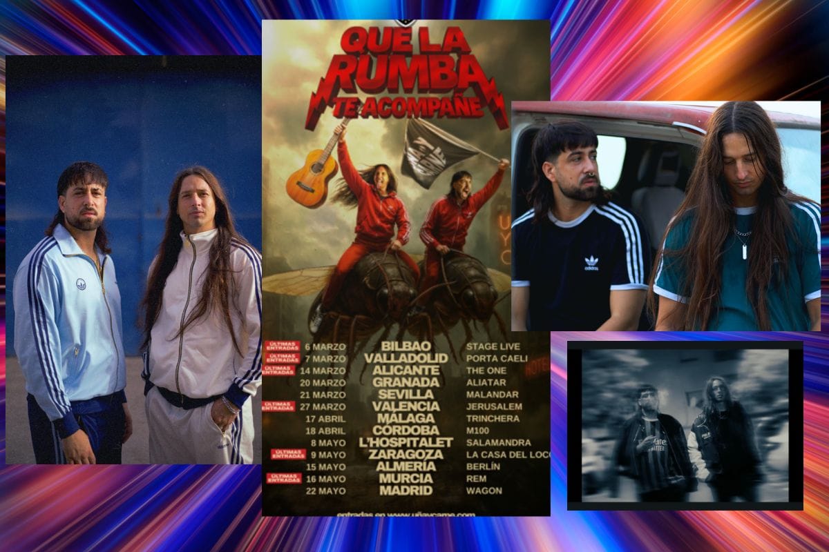 Cartel oficial de la gira 2026 "Que la Rumba te Acompañe" de Uña y Carne con fechas de conciertos y ciudades.