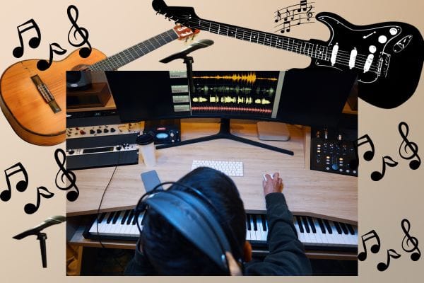 Víctor Nicolás: El compositor secreto que guardó 1.000 canciones durante 40 años 3 Composición gráfica con guitarras mesa de mezcla y notas musicales